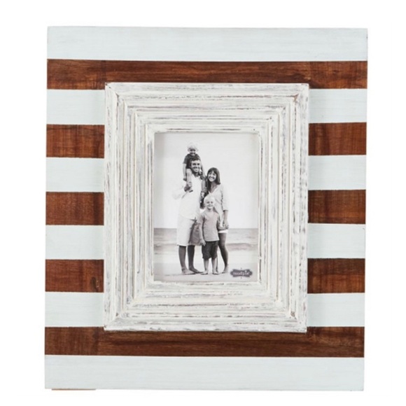 Mudpie Brown White Planked Layered Wood Beach Style Striped Summer Photo Frame - Picture 1 of 7
